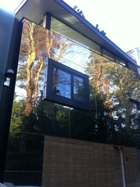 Flat mirror-polished stainless steel facade reflecting trees